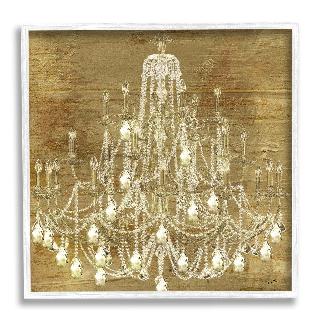 Stupell Industries Vintage Glam Crystal Chandelier Rustic Distressed Gold Background Framed Wall Art